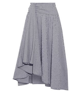 Rosie Assoulin + Asymmetric Draped Gingham Seersucker Midi Skirt