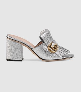 Gucci + Metallic Leather Mid-Heel Slides