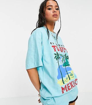 Reclaimed Vintage + Vintage Inspired Unisex Relaxed Organic Cotton T-Shirt With Tulum Print in Aqua