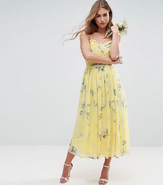 ASOS + Rouched Midi Dress in Sunshine Floral Print