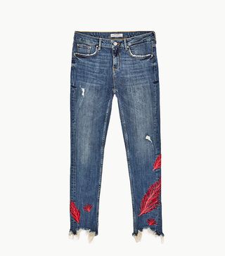 Zara + Embroidered Mid Rise Jeans