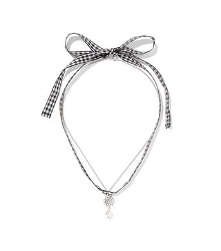 Miu Miu + Gingham Cotton, Silver-Tone, Crystal and Faux Pearl Necklace