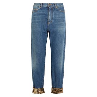Saint Laurent + Cropped Sequin-Embellished High-Rise Boyfriend Jeans