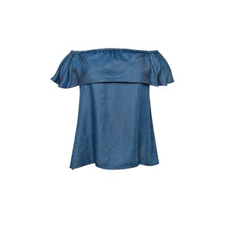 7 for All Mankind + Off the Shoulder Denim Ruffle Top in Pacific Blue Sky