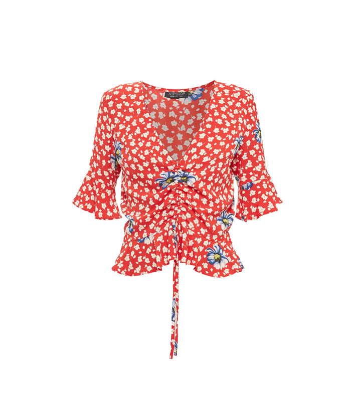 Topshop + Red Floral Ruched Front Top