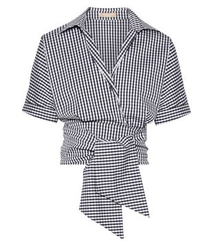 Michael Kors Collection + Cropped Gingham Cotton-Blend Poplin Wrap Top