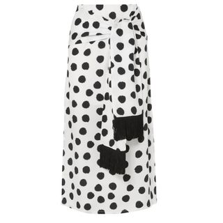 Mother of Pearl + Kate Fringed Tie-Front Polka-Dot Satin Midi Skirt