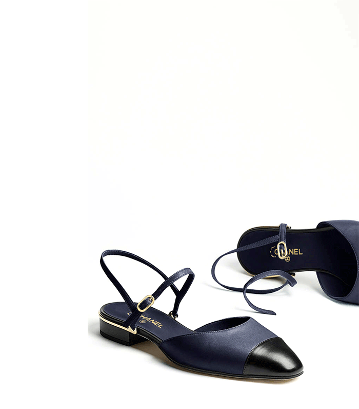 Chanel + Lambskin Navy Blue and Black Flats