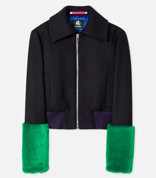 Paul Smith + Women's Navy Wool-Cashmere Bomber Jacket With Faux-Fur Cuffs