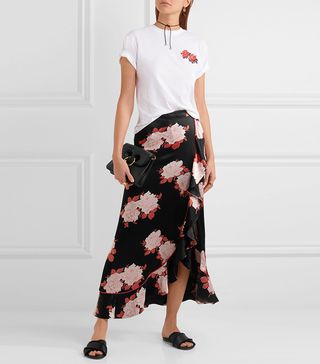 Ganni + Wrap-Effect Floral-Print Satin Maxi Skirt
