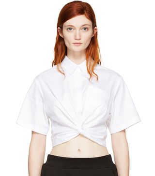 T by Alexander Wang + White Twist Short Sleeve Cropped Shirt