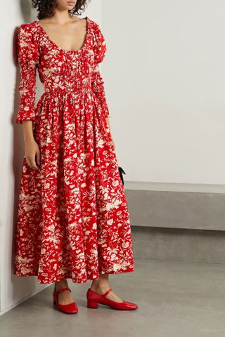 Dôen + Meribel Shirred Floral-Print Cotton-Poplin Midi Dress
