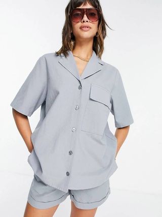 ASOS Design + Bowling Shirt and Short Co-Ord in Washed Duck Egg Blue