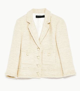 Zara + Frayed Tweed Jacket With Pearls