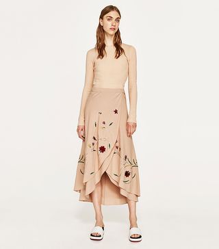 Zara + Floral Embroidered Sarong Skirt
