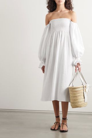 Sleeper + + Net Sustain Atlanta Off-The-Shoulder Shirred Linen Midi Dress