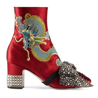 Gucci + Dragon Satin Mid-Heel Ankle Boot