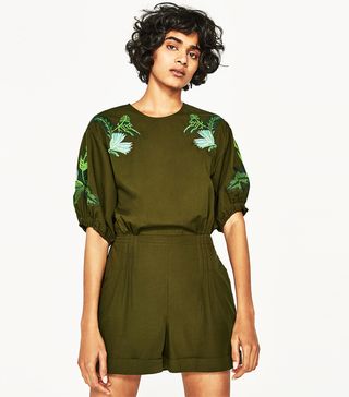Zara + Short Jumpsuit With Embroidered Sleeves