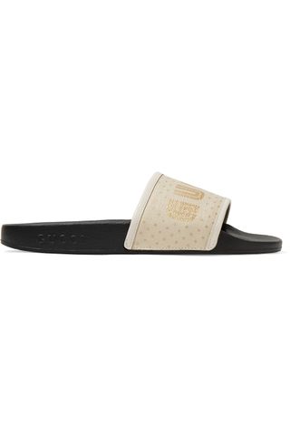 Gucci + Pursuit Leather-Trimmed Logo-Print Canvas Slides