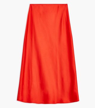 Topshop + Red Satin Bias Midi Skirt