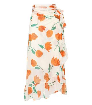 Ganni + Tilden Ruffled Floral-Print Mesh Midi Wrap Skirt