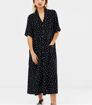 Monki + Daisy and Dot Print Midi Shirt Dress with Pockets in Black