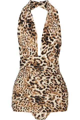 Norma Kamali + Bill Ruched Leopard-Print Halterneck Swimsuit