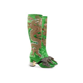 Gucci + Dragon Satin Mid-Heel Knee Boot
