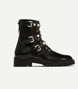 Zara + Leather Ankle Boots With Faux Pearls