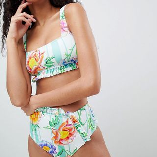 ASOS + Floral Stripe Frill Square Neck Crop Bikini Top