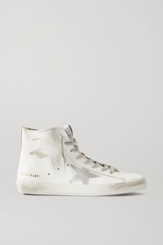 Golden Goose + Glittered Distressed High-Top Sneakers