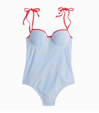 J. Crew + Tipped Seersucker Underwire Shoulder Tie One Piece Swimsuit