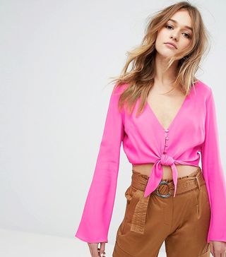 Bershka + Tie Front Button Crop Top