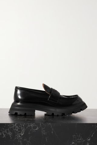 Alexander McQueen + Embellished Glossed-Leather Exaggerated-Sole Loafers