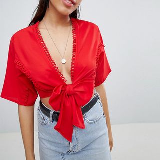 ASOS + Top With Tie Front With Lace Trim