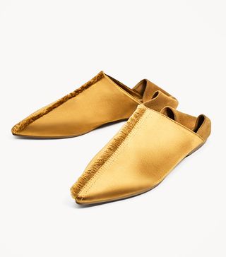 Zara + Frayed Flat Satin Slippers