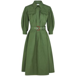 Alexander McQueen + Green Belted Poplin Shirt Dress