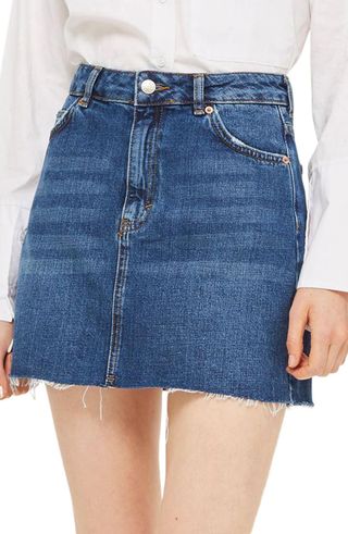 Topshop + Frayed Hem Denim Miniskirt