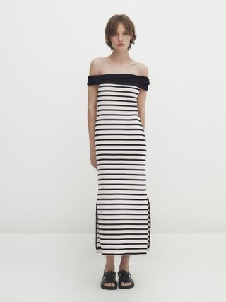 Massimo Dutti + Striped Midi Dress With Contrast Boat Neck
