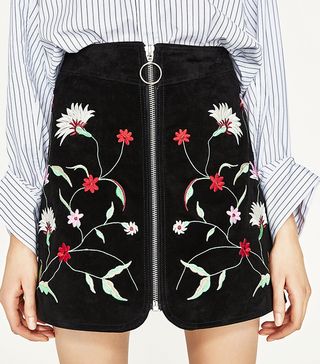 Zara + Suede Mini Skirt With Embroidery