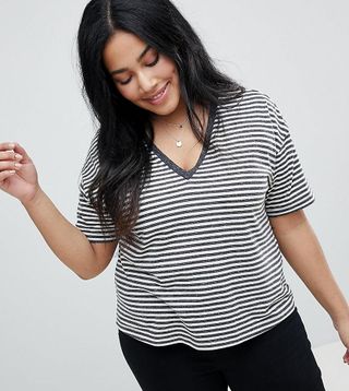 ASOS Curve + Linen V-Neck T-Shirt in Stripe