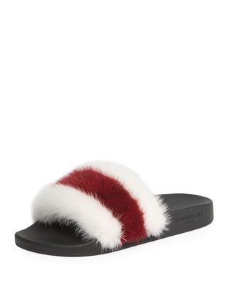 Givenchy + Striped Mink Fur Pool Slide Sandals