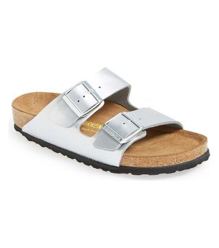 Birkenstock + Arizona Birko-Flor Soft Footbed Sandals in Silver