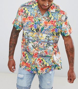 ASOS + Oversized Hawaiian Floral Postcard Print Shirt With Revere Collar