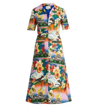 Gucci + Hawaiian-Print Collared Linen Midi-Dress
