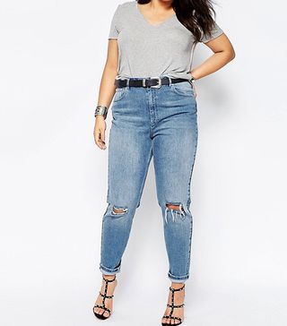 ASOS Curve + Farleigh Slim Mom Jeans in Prince Light Wash with Busted Knees