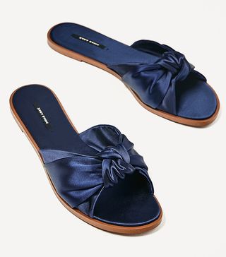 Zara + Satin Bow Slides in Navy Blue