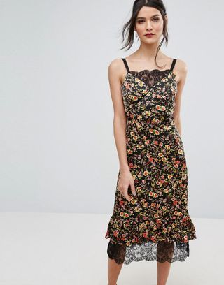 Warehouse + Lace Hem Floral Midi Cami Dress