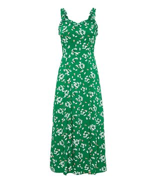 New Look + Green Floral Frill Trim Midi Dress