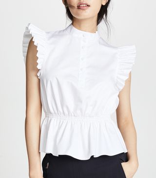 Adam Lippes + Ruffle Sleeve Top With Placket